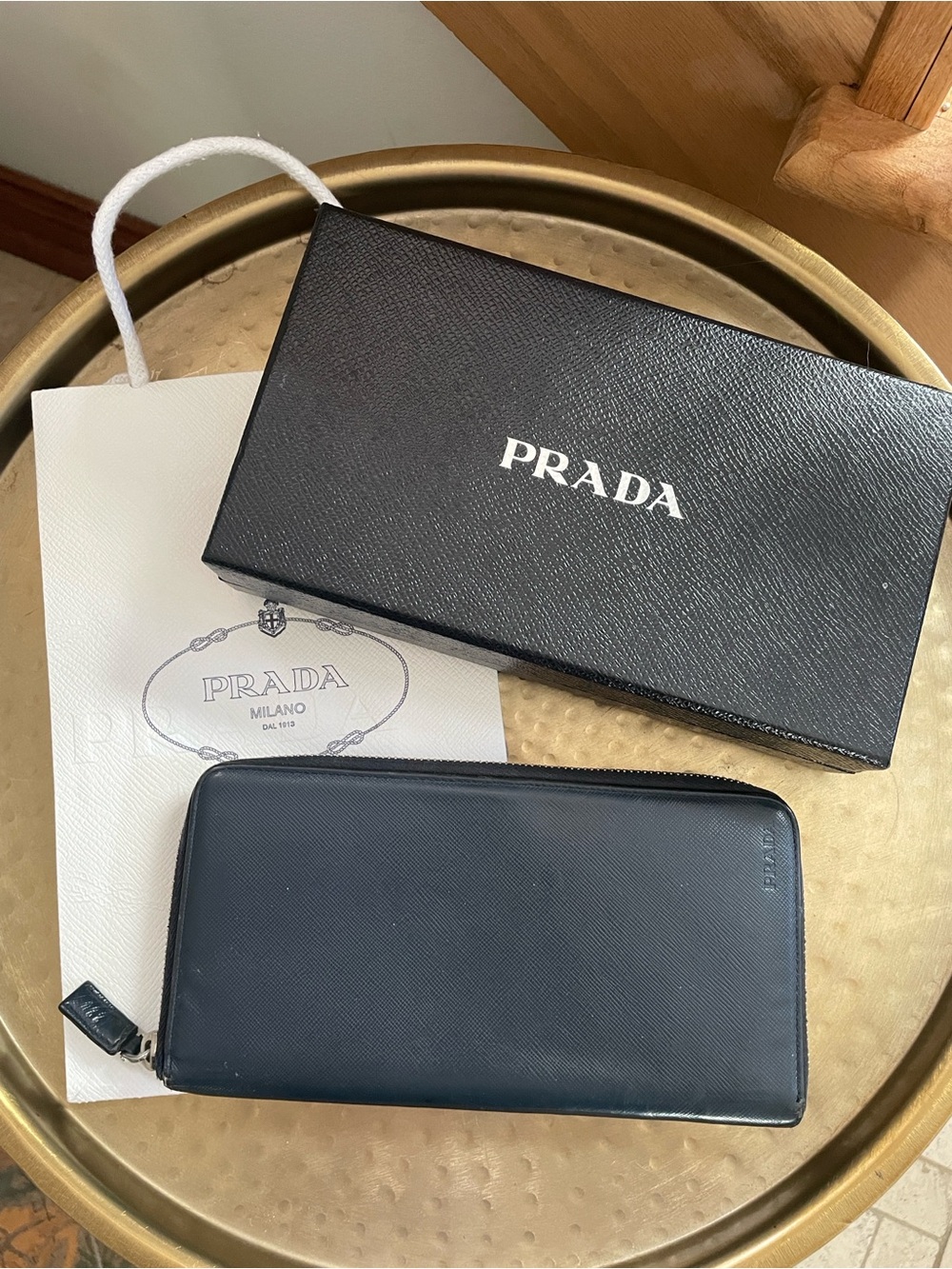 Prada Zip-Around Saffiano Leather Wallet in Navy with Silver Zipper Authentic